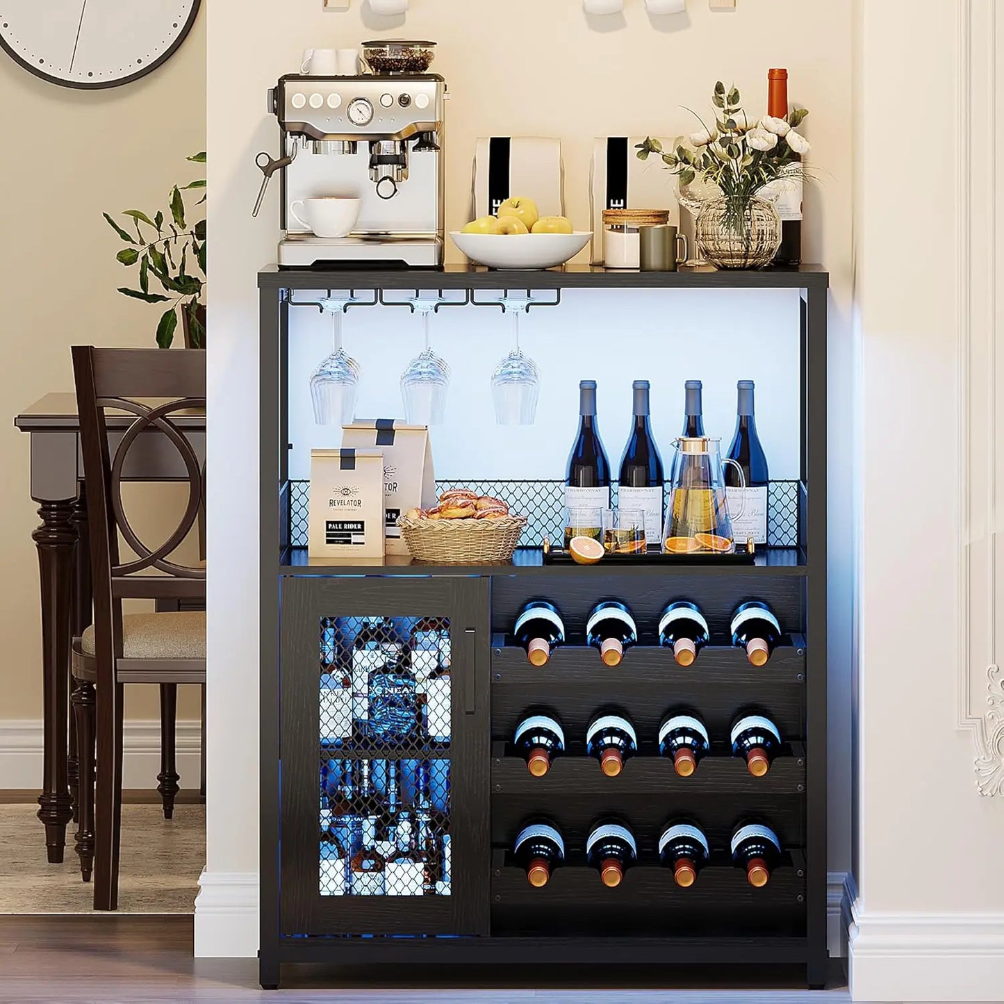Three Tier Wine Bar Cabinet With LED Lights And Wine Rack