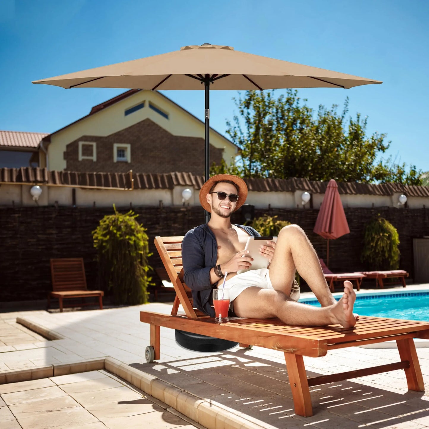 9 Ft Outdoor Patio Umbrella Market Table Umbrella With 8 Sturdy Ribs Push Button Tilt And Crank Waterproof UV Resistant Polyester For Garden Yard Pool