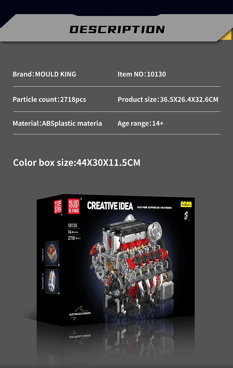 Mould King 10130 F488 Supercar V8 Engine Building Block Set Gift
