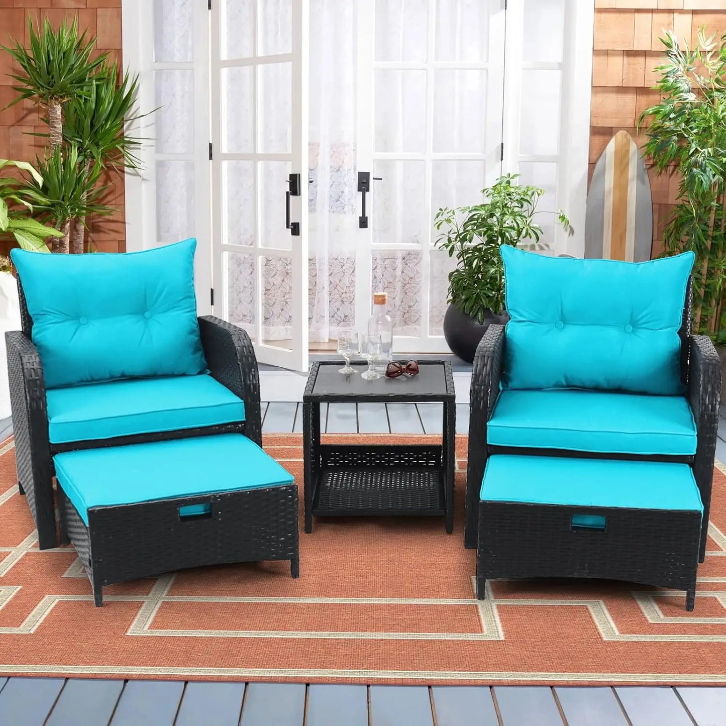 5 Piece Wicker Outdoor Patio Chairs With Ottomans All Weather PE Rattan Set