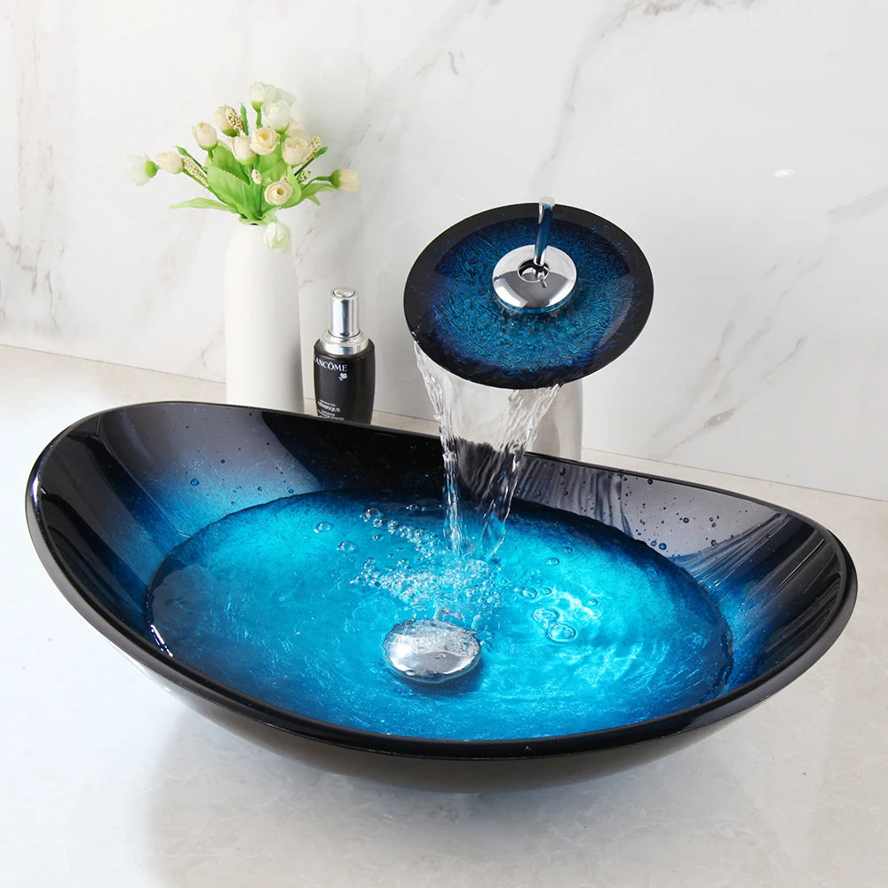 ZAPPO Tempered Glass Vessel Sink With Waterfall Faucet Blue