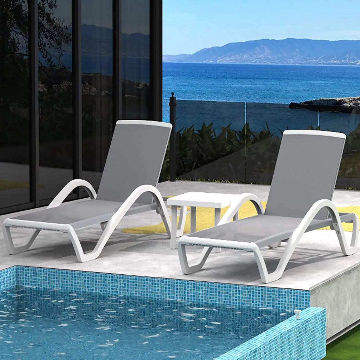 5 Position Aluminum Outdoor Lounge Chair Set Of 3 With Wheels All Weather