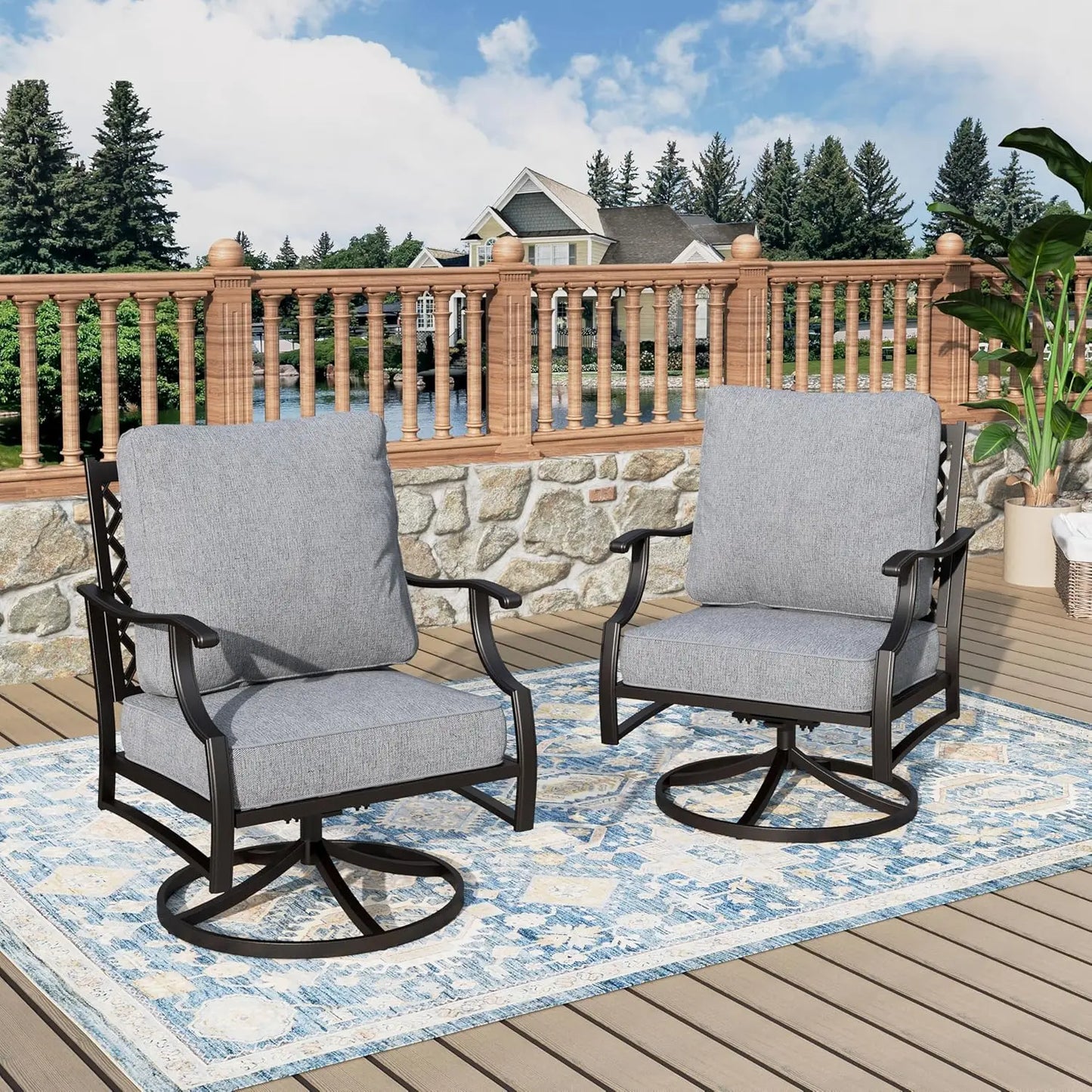 Set Of 2 Swivel Patio Chairs High Back Outdoor Metal Cushioned Bistro Seating