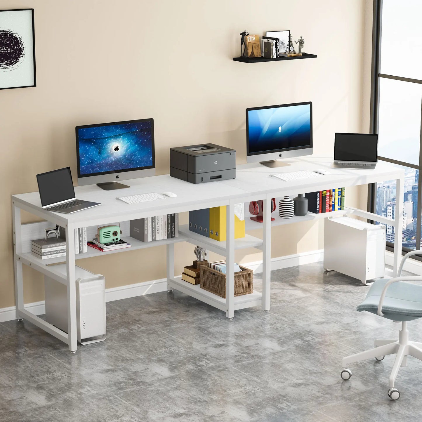 Tribesigns Two Person Desk With Bookshelf Rustic Office