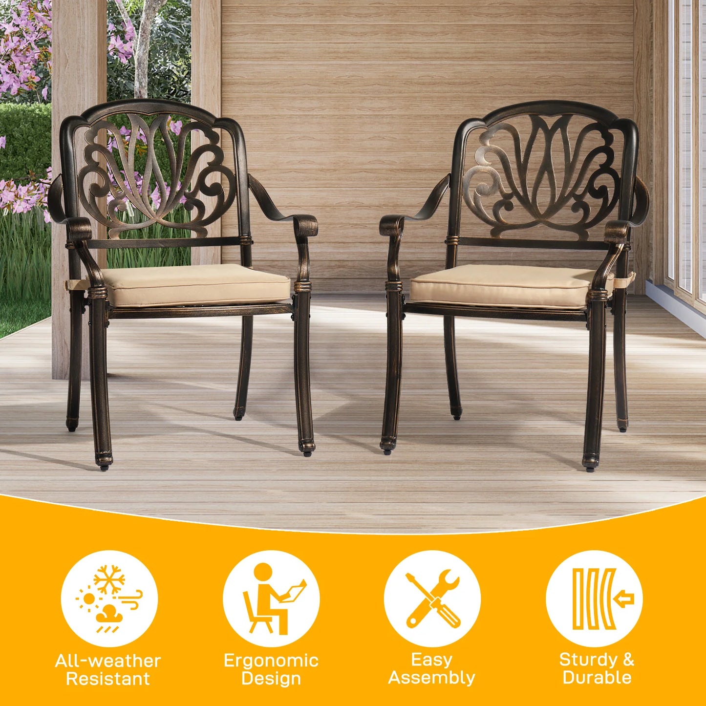 Two Cast Aluminum Patio Dining Chairs With Cushions Stackable Antique Bronze