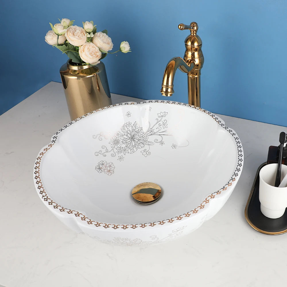 ZAPPO Ceramic Sink Above Counter Round Petal Pattern Faucet