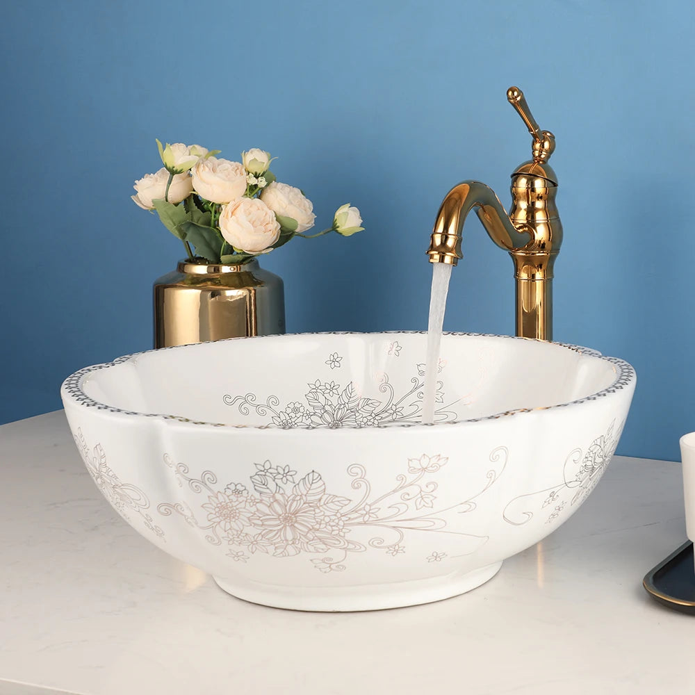 ZAPPO Ceramic Sink Above Counter Round Petal Pattern Faucet