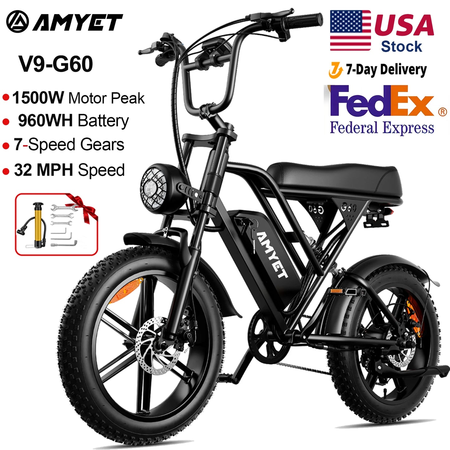 AMYET V9 G60 Adults Electric Bike 1000W Motor 48V 20AH 20 Inch Tire Ebike Mountain Moped for Men