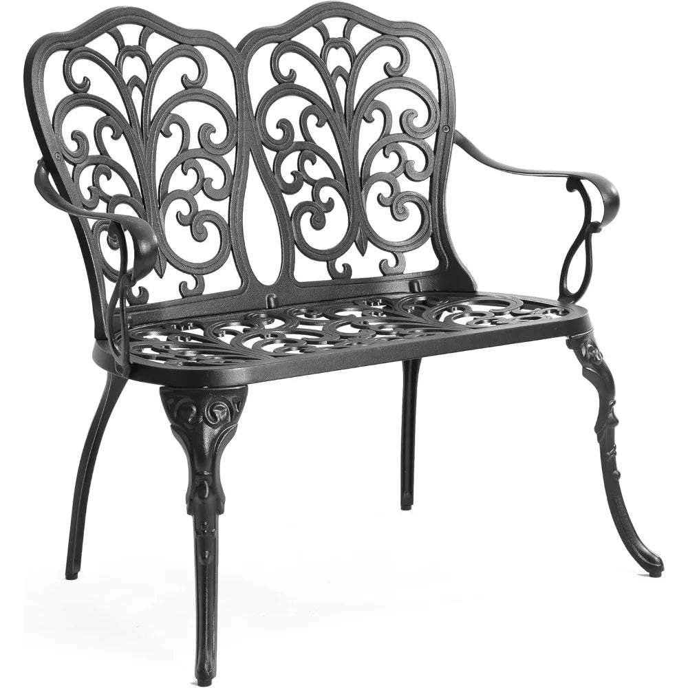 Cast Aluminum Outdoor Bench Patio Garden Loveseat Metal Bench For Front Porch Park Lawn Black