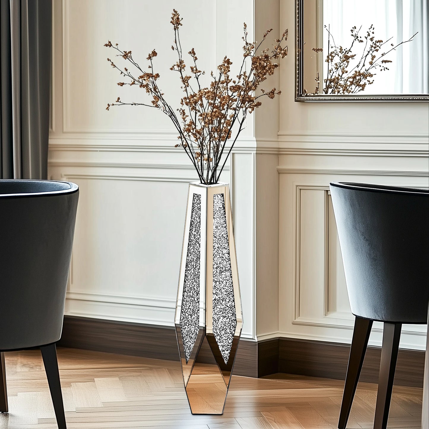 Tall Floor Mirror Vase Large Crushed Diamond Glass Vase for Home Decor Modern Crystal Centerpiece for Living Room Wedding Hotel