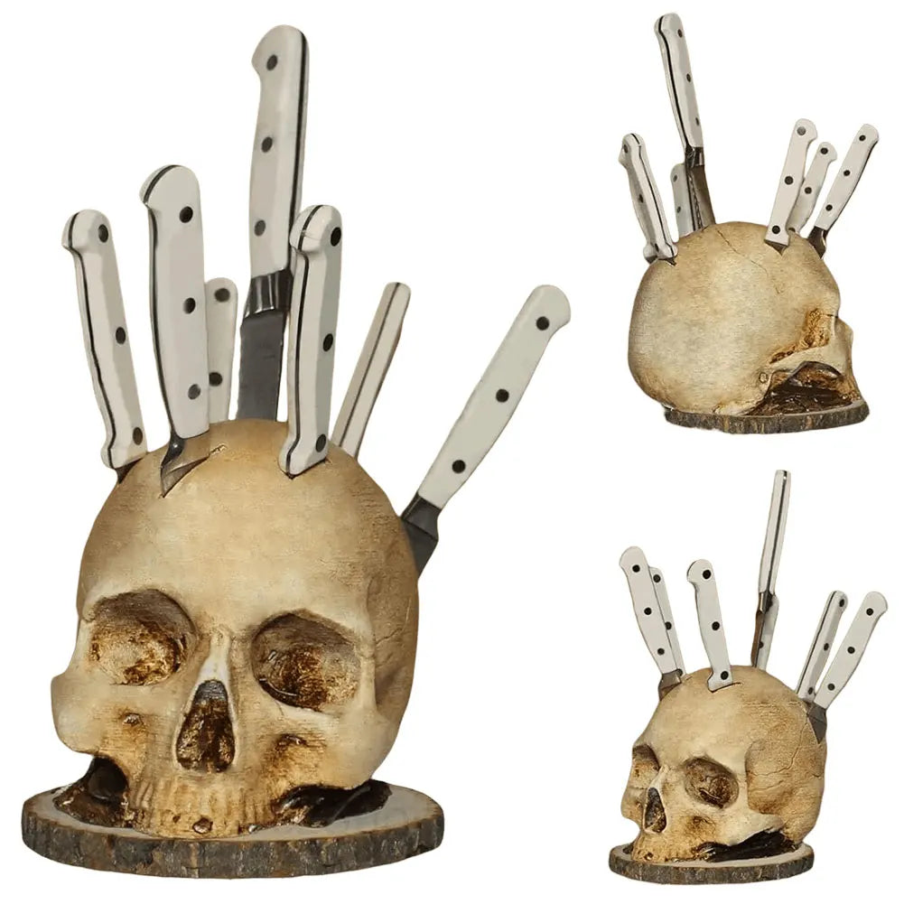 Skull Knife Holder Resin Fruit Chopping Knife Stand Creative Horror Decoration for Halloween Parties