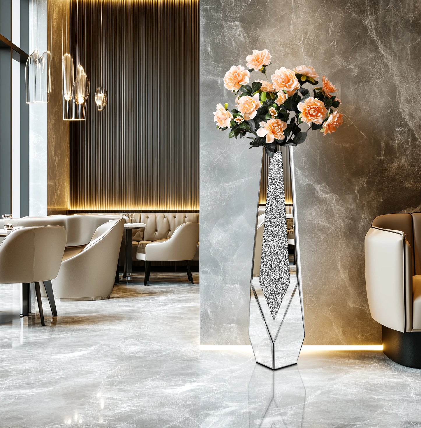 Tall Floor Mirror Vase Large Crushed Diamond Glass Vase for Home Decor Modern Crystal Centerpiece for Living Room Wedding Hotel