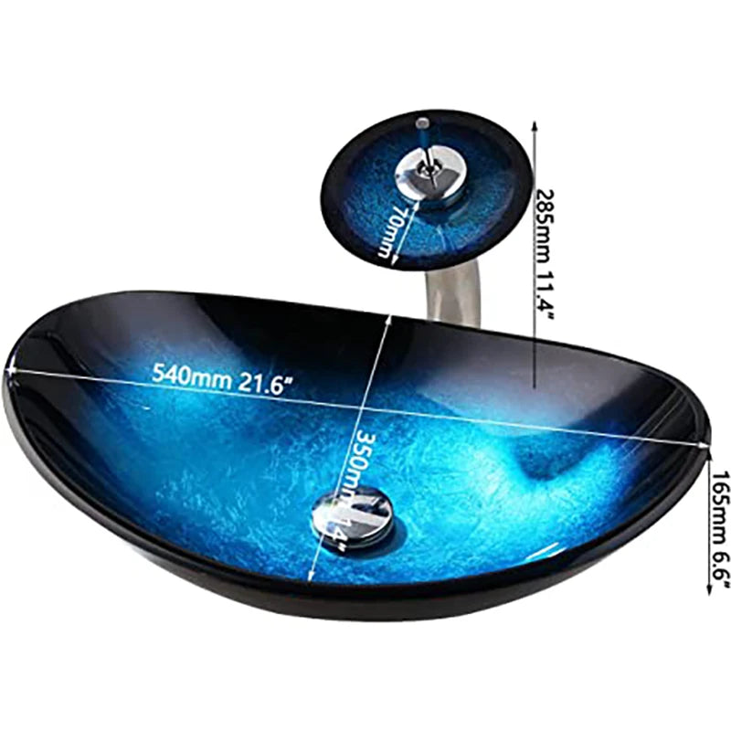 ZAPPO Tempered Glass Vessel Sink With Waterfall Faucet Blue