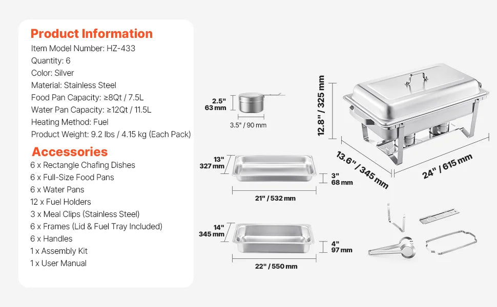Vevor 8QT Rectangle Chafing Dish Set 4 Pack Stainless Steel Buffet Server Food Warmer Catering Equipment