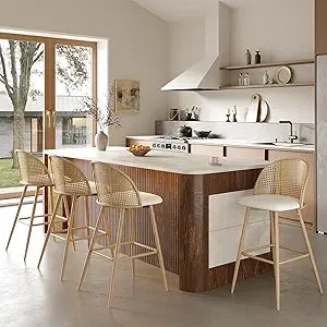 Set of 4 Rattan Swivel Bar Stools 29 White Faux Leather
