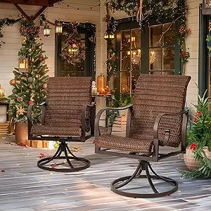 Patio Wicker Swivel Chairs Set of 2 Heavy Duty Outdoor Dining Chairs 23.5 Inch High Back Extra Large Waterfall Seat Rattan Porch Chairs