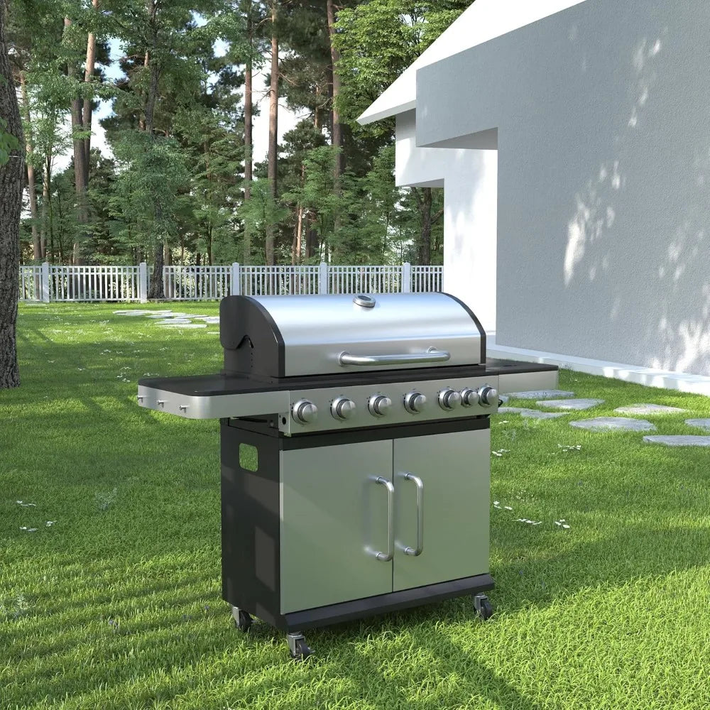 6 Burner Propane Gas BBQ Grill with Side Burner and Porcelain Enameled Cast Iron Grates 65500 BTU Output Stainless Steel Grill