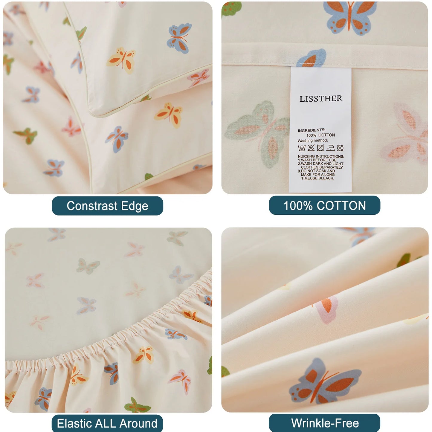 4 Piece 600 TC 100 Percent Egyptian Cotton Fitted Sheet Set Colorful Butterfly Shabby Chic Soft and Skin Friendly