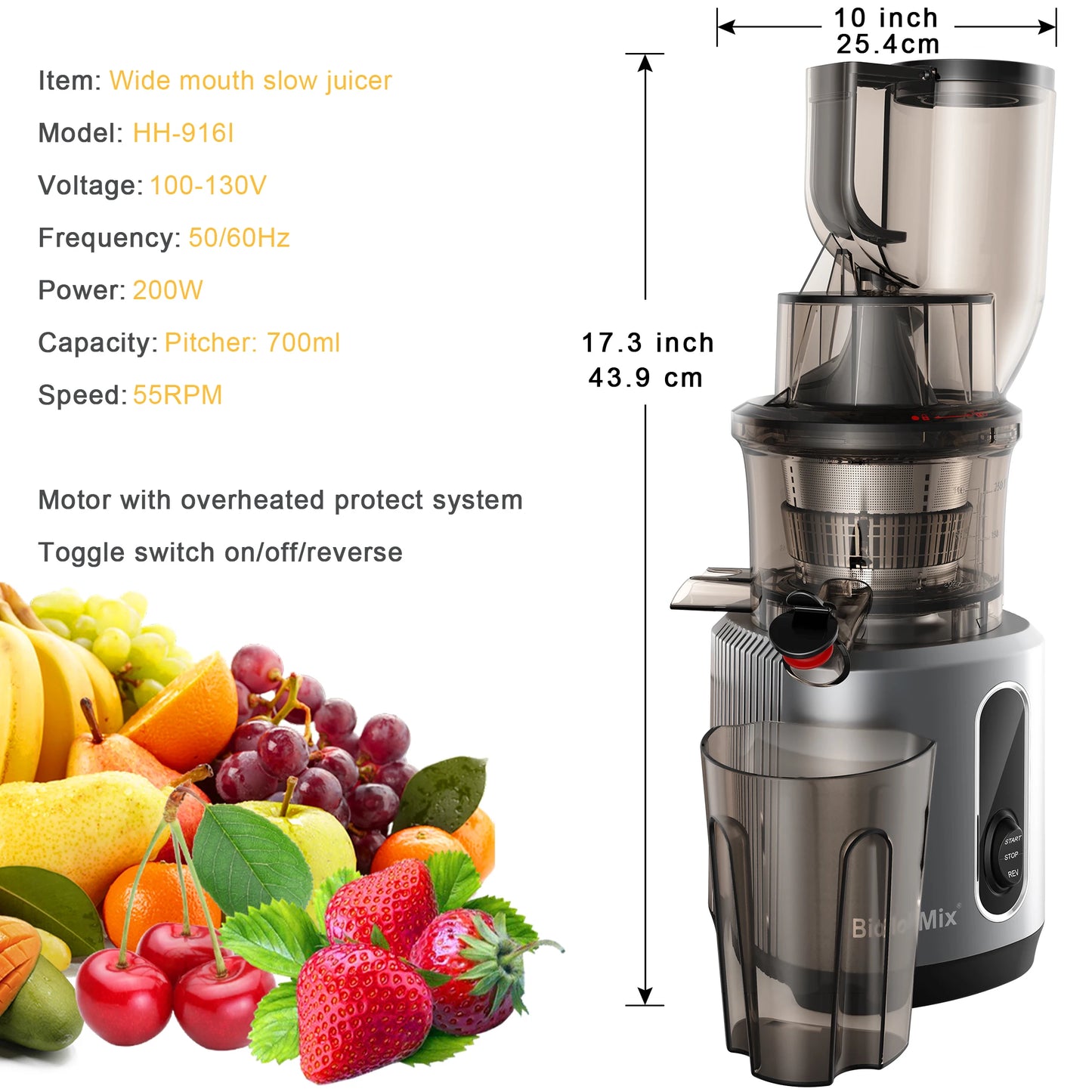 BioloMix Cold Press Juicer with 78mm Feed Chute and 200W Powerful Motor for Whole Fruits and Vegetables
