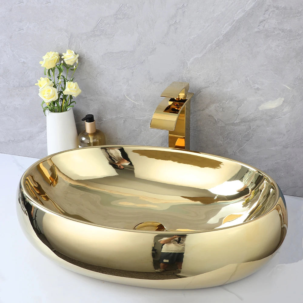 KEMAIDI 23In Oval Ceramic Vessel Sink Gold Waterfall Faucet