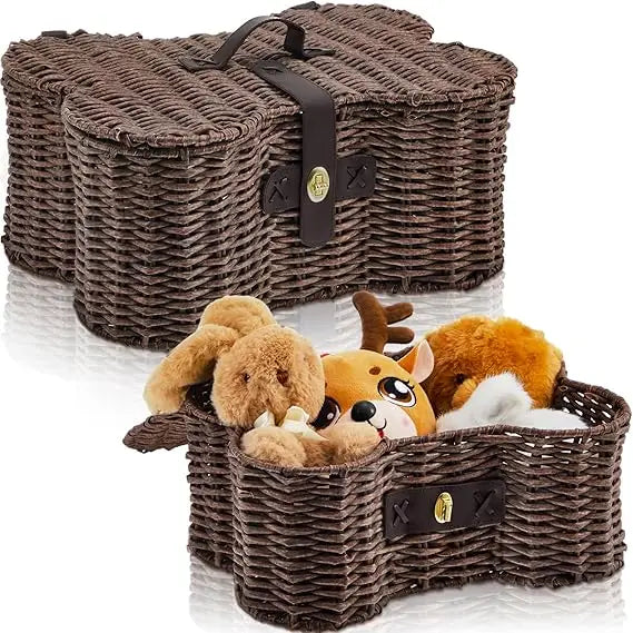 2 Set Large Small Dog Toy Basket Lid Bone Shaped Wicker