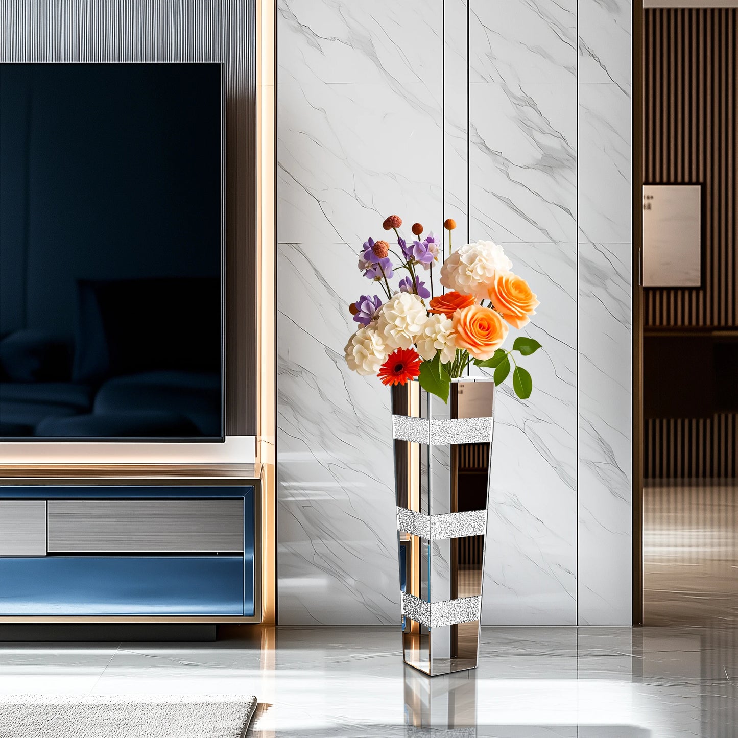 Tall Floor Mirror Vase Large Crushed Diamond Glass Vase for Home Decor Modern Crystal Centerpiece for Living Room Wedding Hotel
