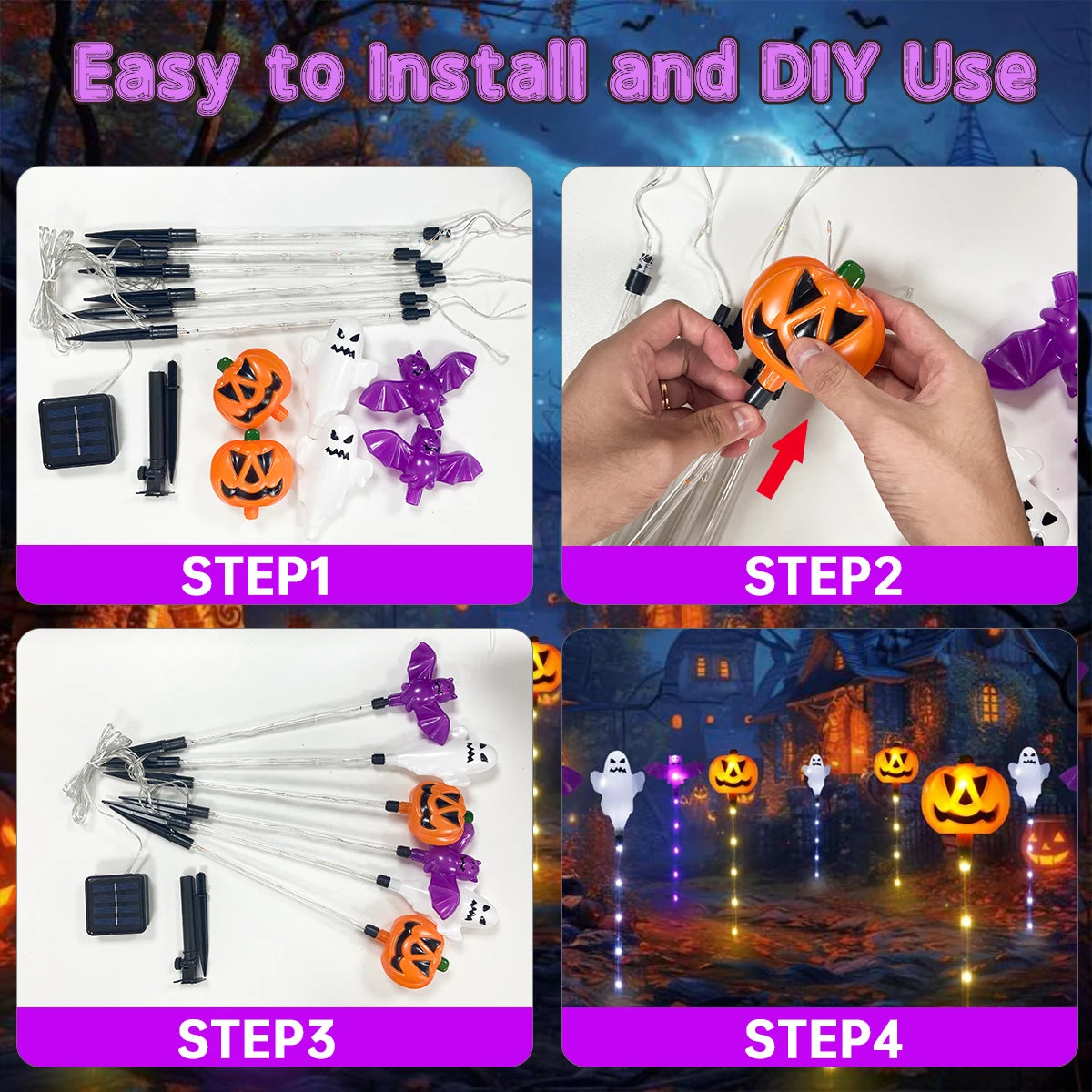 Solar Powered 8 LED Pumpkin Garden Stake Lights Halloween