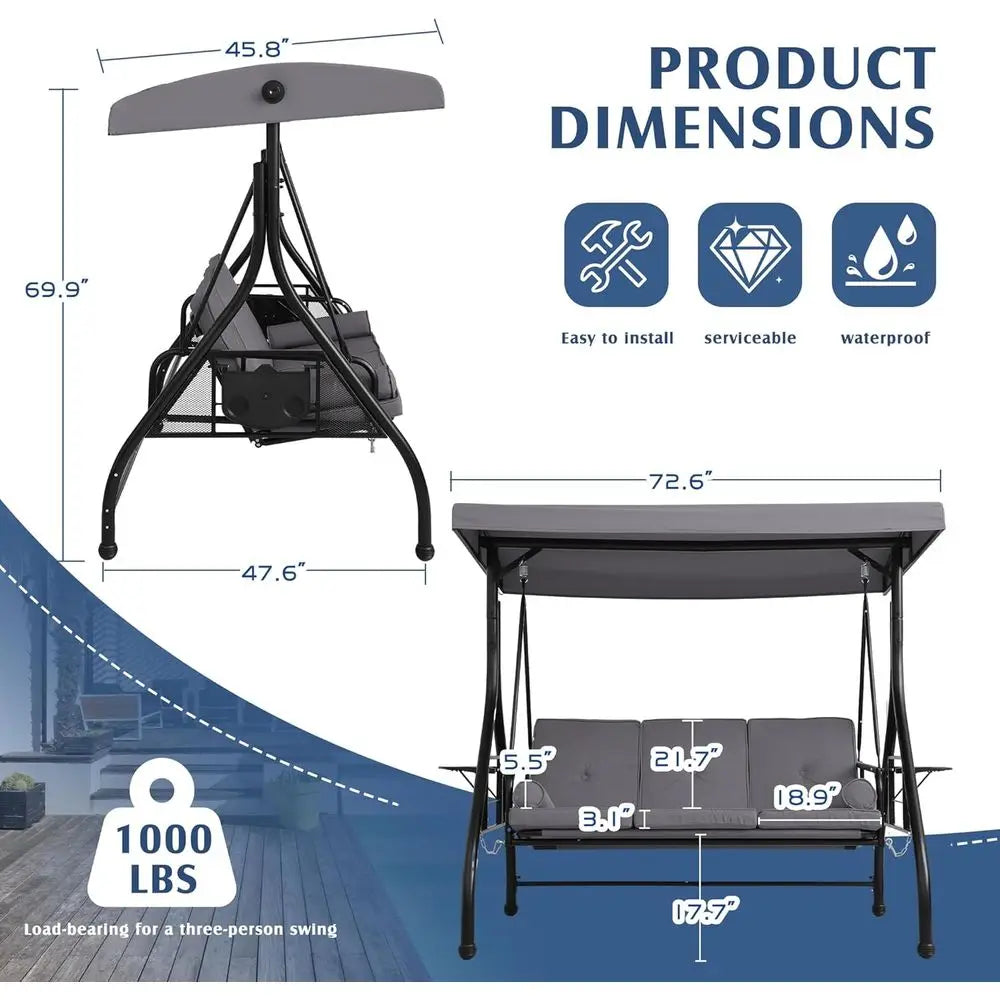 3 Seat Outdoor Swing Bed With Adjustable Stand Grey Cushion Pillows Cup Holders