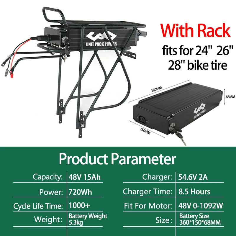 Rear Rack Battery 36V15Ah 48V15Ah 52V20Ah 24 26 28 Inches