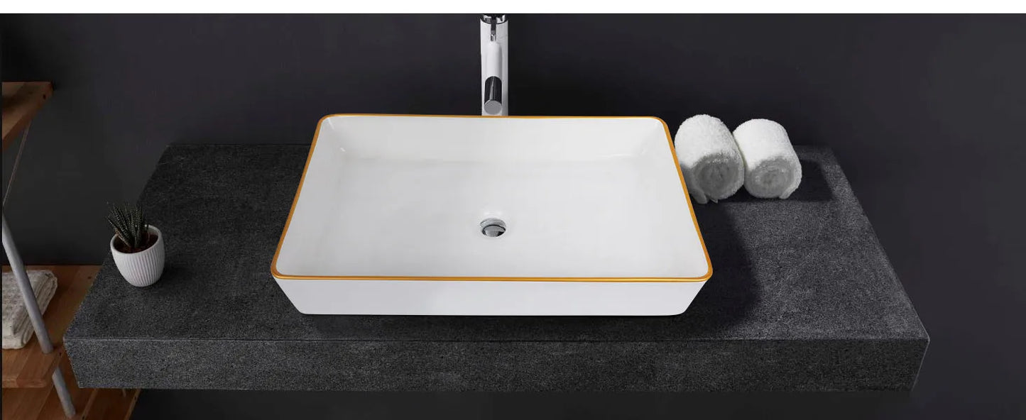 Ceramic Rectangular Sink 20x16 White Gold Rim Vessel