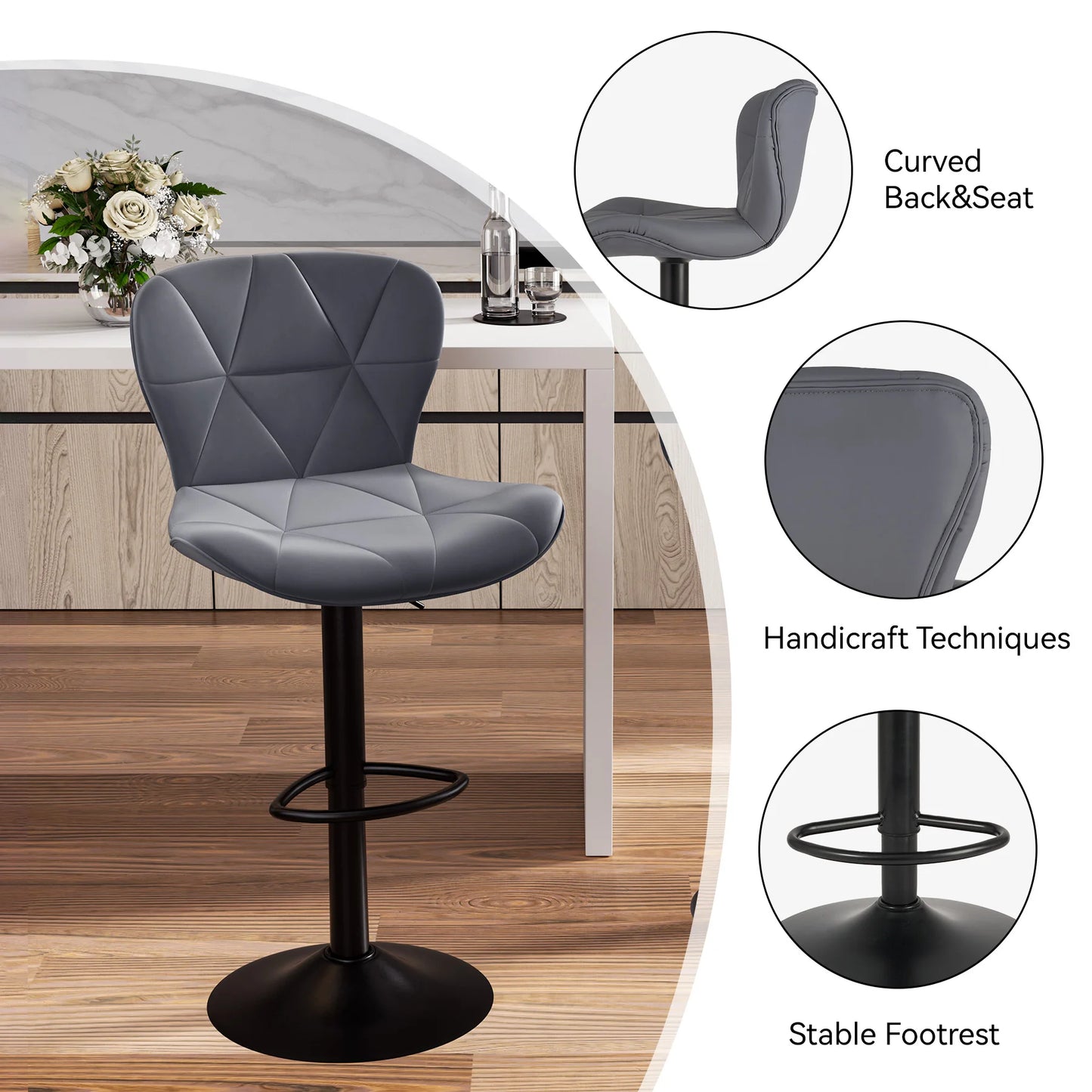 2 Pcs Bar Chair 360 Degree Rotation Faux Leather Backrest