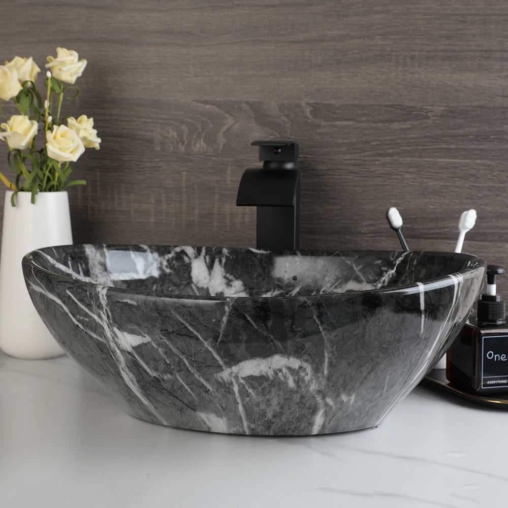 ZAPPO Marbling Rectangle Vessel Sink With Faucet Drain