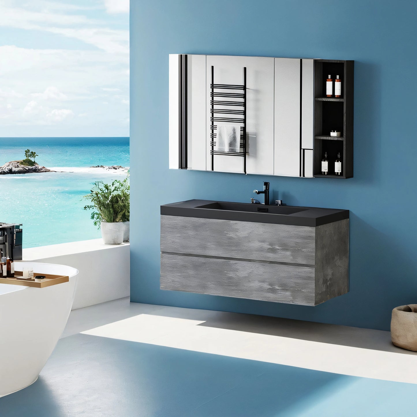 48 Inch Floating Bathroom Vanity With Sink Black Quartz Top