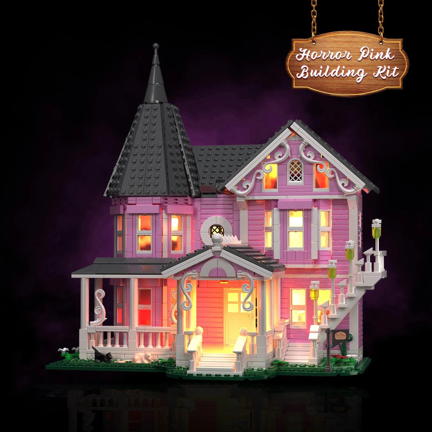 Pink Palace House Building Set Lights Coraline Haunted House Lego Compatible