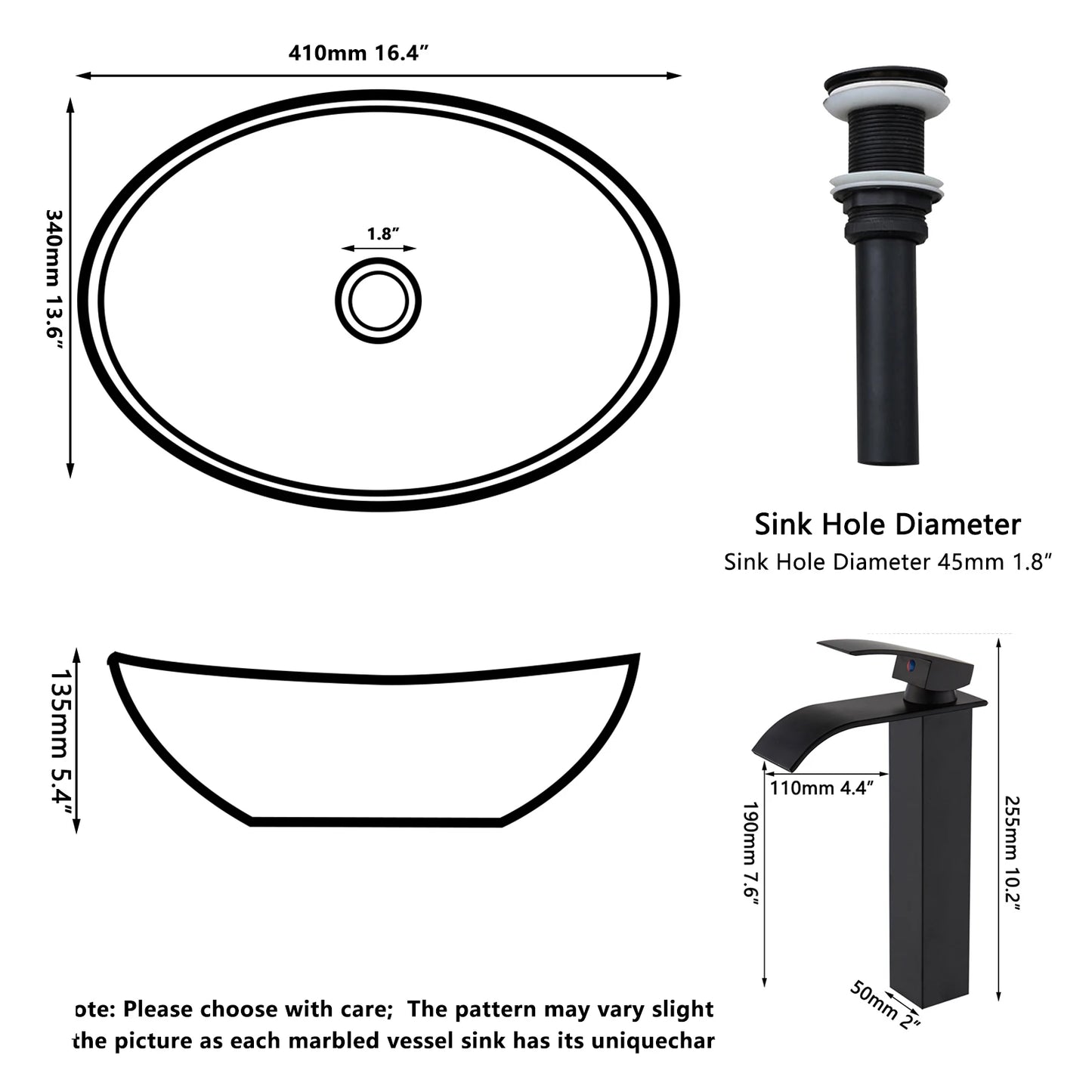 ZAPPO Marbling Rectangle Vessel Sink With Faucet Drain