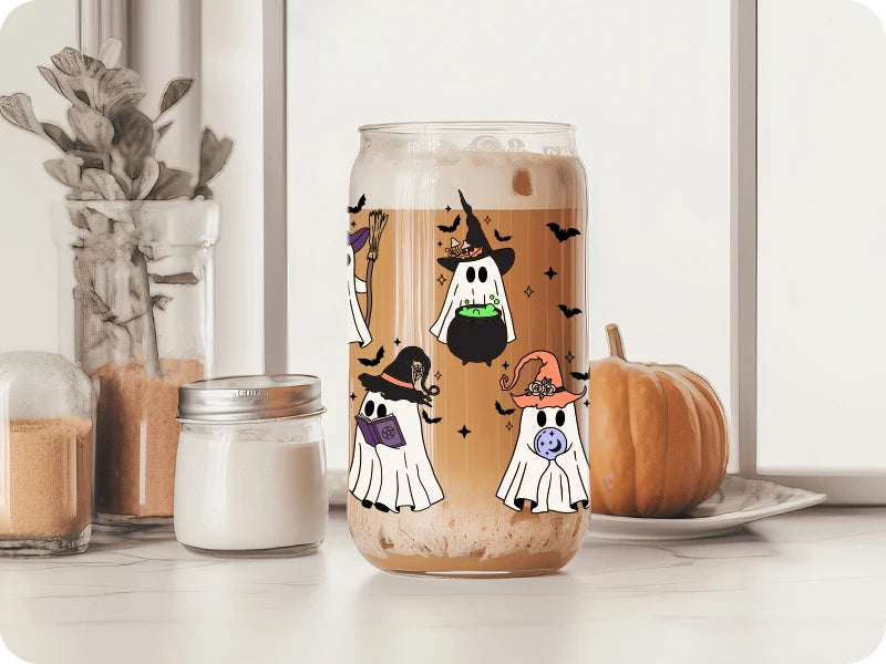 Witch Ghost Halloween Cup 16 Oz Glass Tumbler With Lids