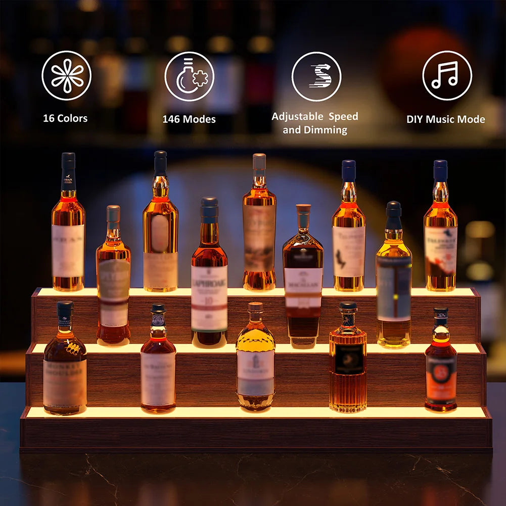 Led Lighted Wooden Liquor Shelves With App Remote Control