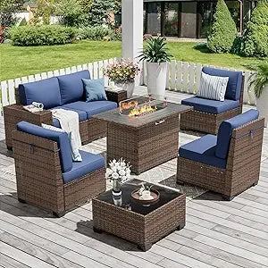 Outdoor Modular Sofa With Fireplace Table Patio Furniture Set Waterproof Cover