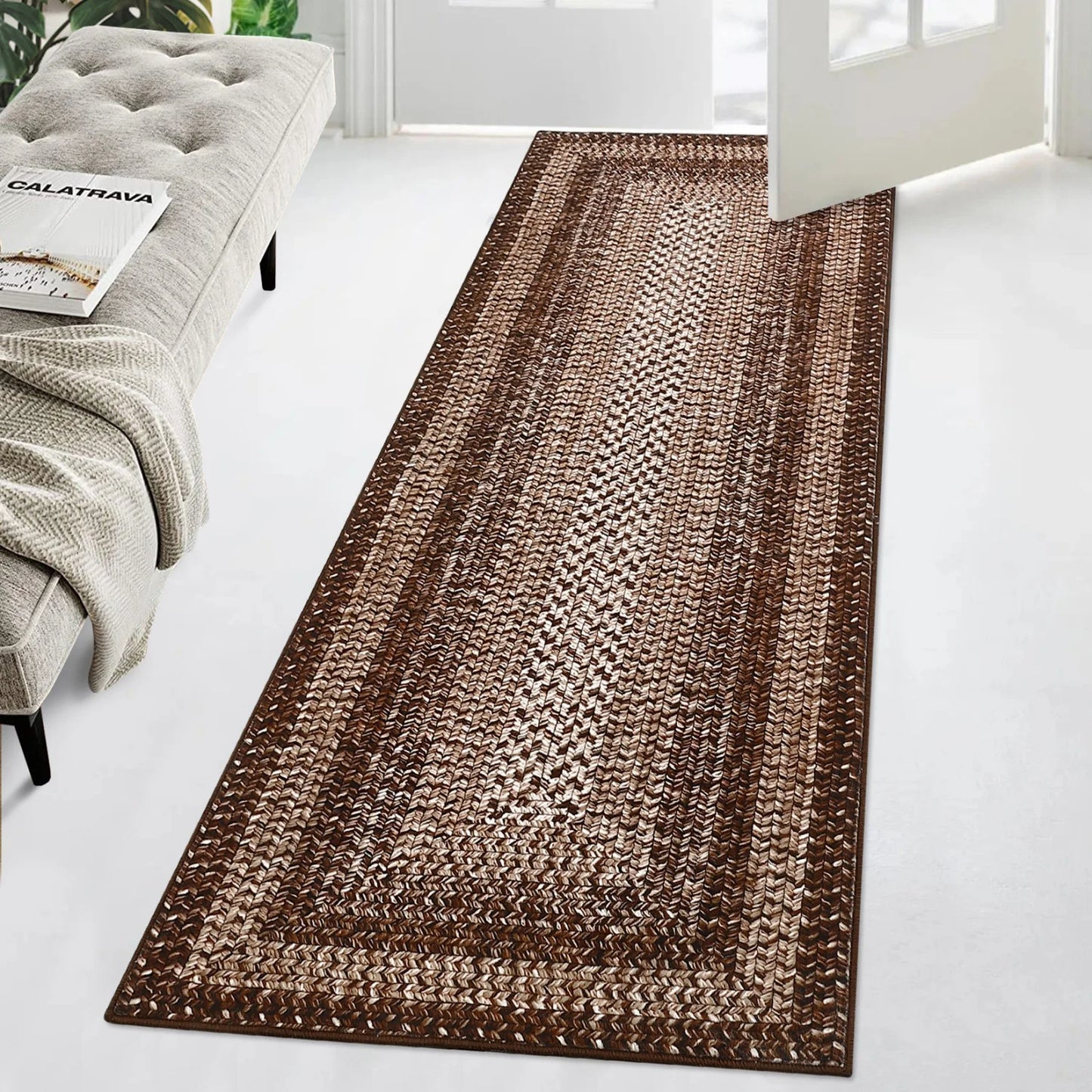 Washable Area Rugs Large Rugs for Living Room Modern Braided Print Non Slip Indoor Floor Covering Accent Carpet for Bedroom