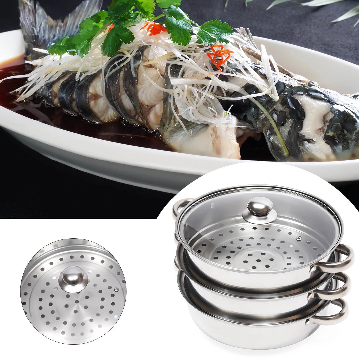 11 Inch 3 Tier Large Stainless Steel Steamer Pot Set with Glass Lid