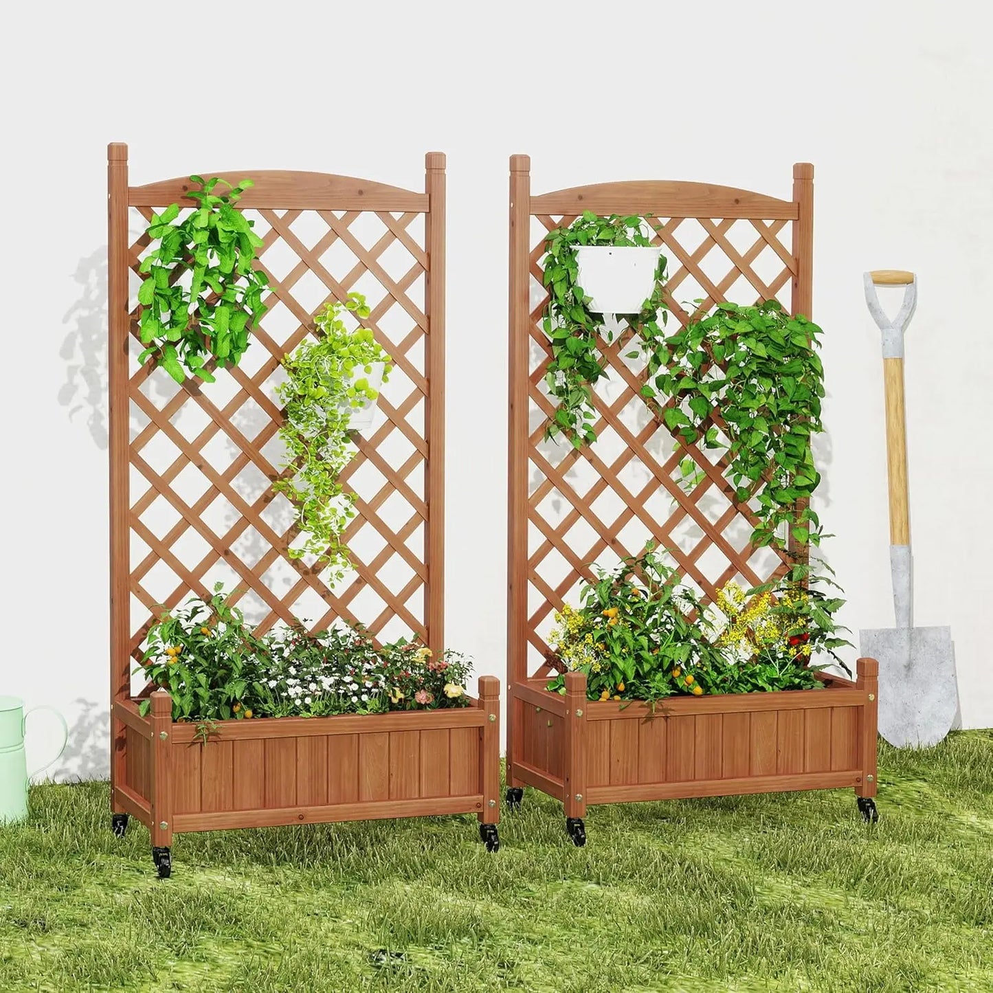 Raised Garden Bed With Trellis Set Of 2 Outdoor Wood Planter Boxes And Stands