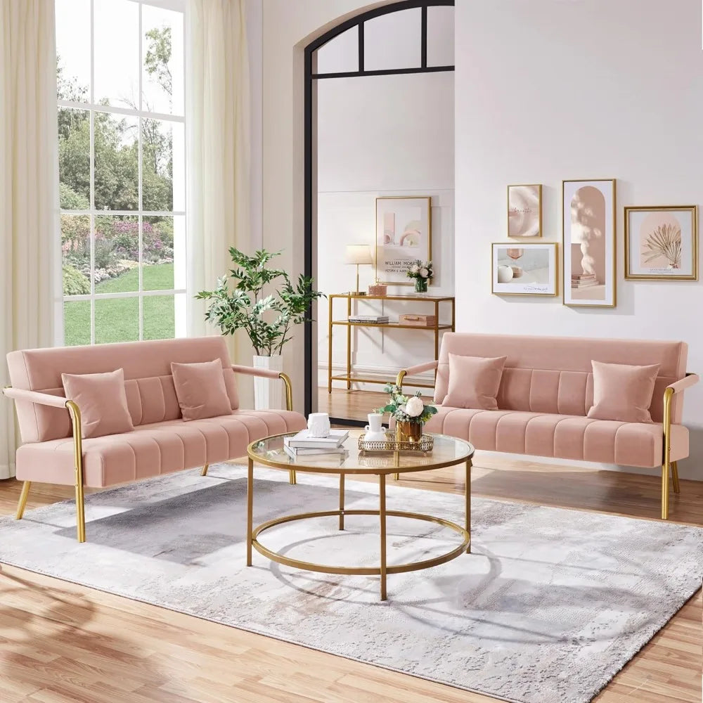 Lux Velvet Sofa With Gold Tone Arms And Legs Living Room