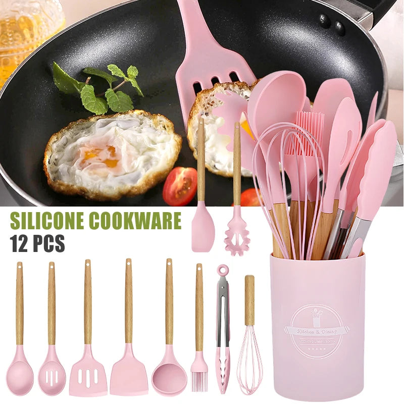 12 Piece Silicone Kitchenware Cooking Utensils Set Non Stick Cookware Spatula Shovel Egg Beaters Baking Set with Storage Bucket