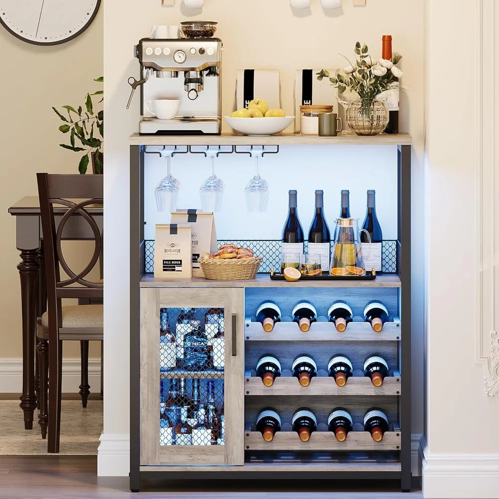 Three Tier Wine Bar Cabinet With LED Lights And Wine Rack