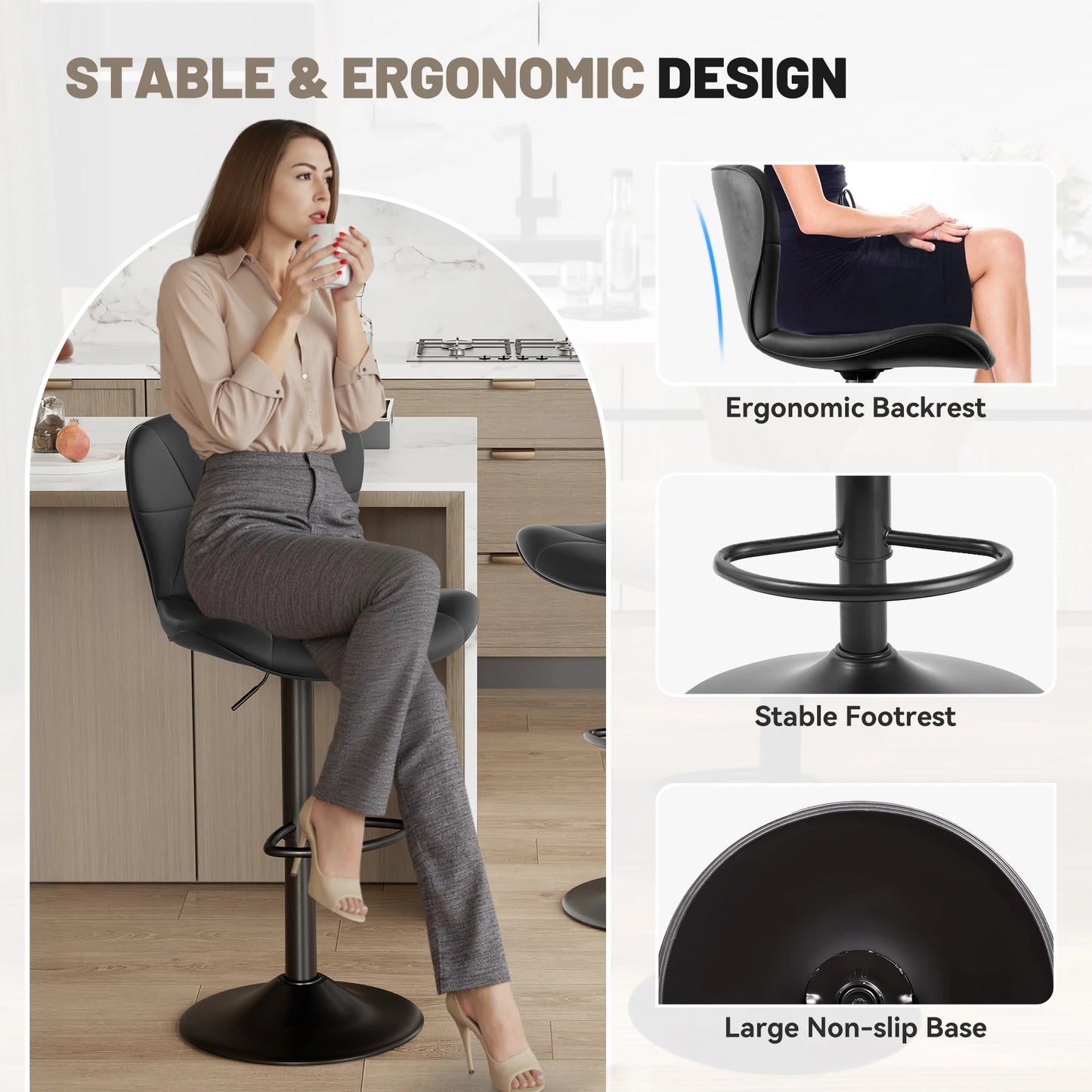 2 Pcs Bar Chair 360 Degree Rotation Faux Leather Backrest