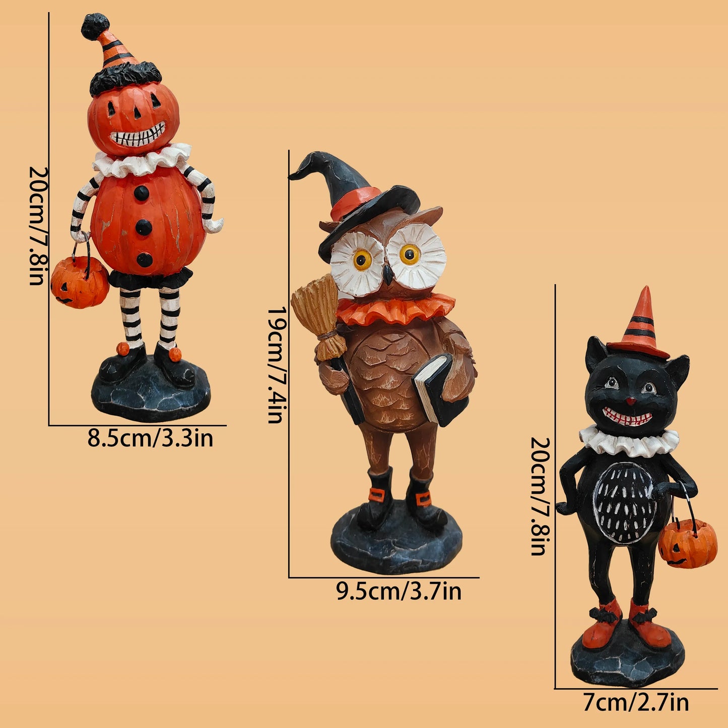 Halloween Resin Pumpkin Puppet Owl And Black Cat Statue