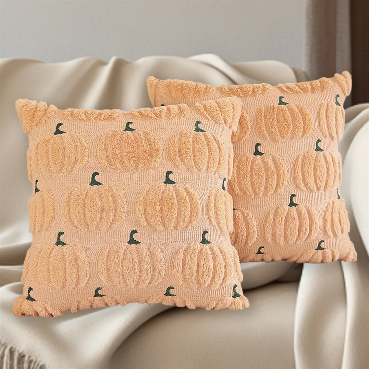 Spooky Halloween Pillowcase With Fuzzy Pumpkin Jacquard