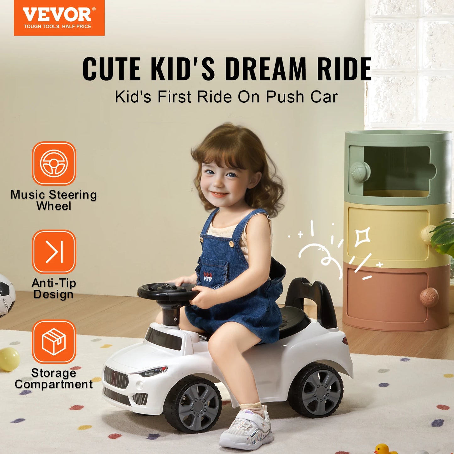SucceBuy White Pink Ride On Push Car Classic Kids Sports Toy Car with Music Steering Wheel for Toddlers