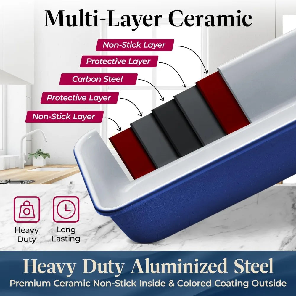 8 Piece Stackable Bakeware Set Ceramic Non Stick Oven Safe Baking Sheets and Pans PTFE PFOA PFOS Free with Ergonomic Handles and Cooling Rack