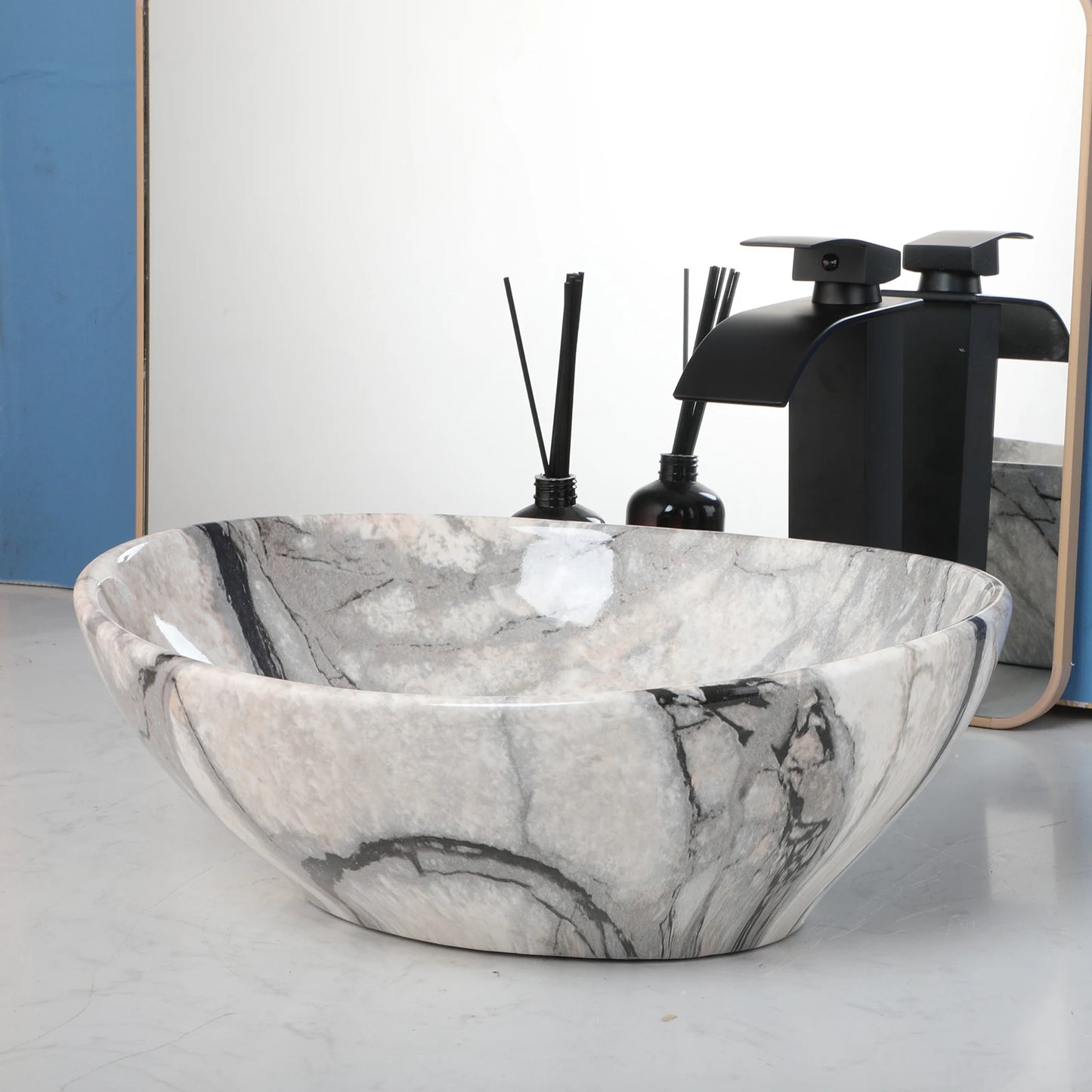 ZAPPO Marbling Rectangle Vessel Sink With Faucet Drain